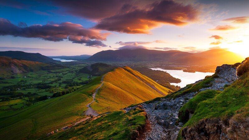 Green Hills at Sunset — Dramatic, Photograph, Mountains, Lake
