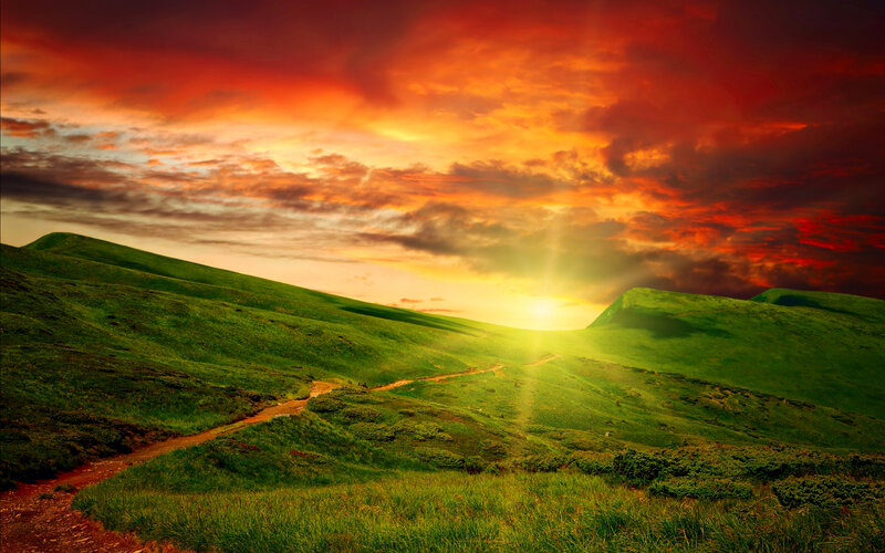 Green Hills at Sunset — Dramatic, Photograph, Sun