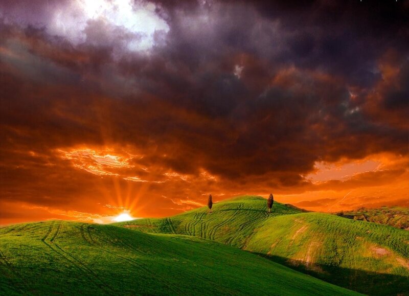 Green Hills at Sunset — Dramatic, Photograph