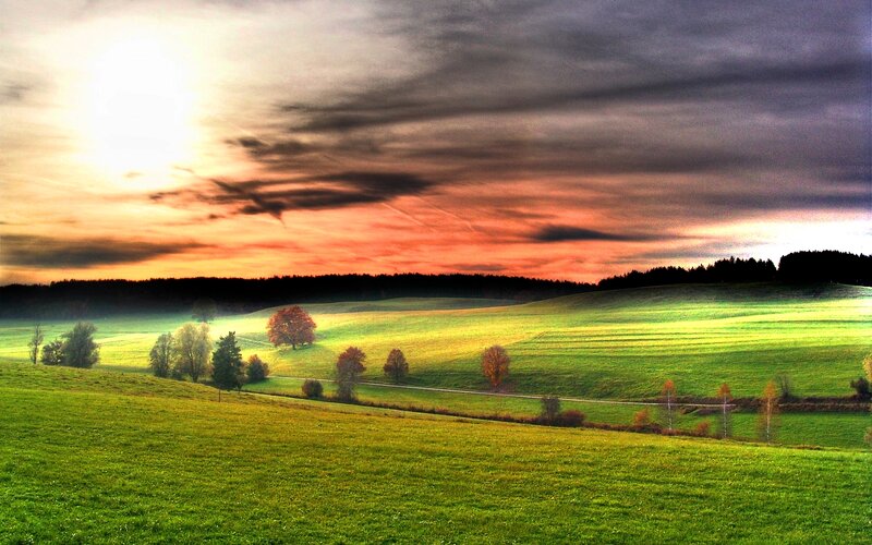 Green Hills at Sunset — Dramatic, Photograph, Trees, Sky