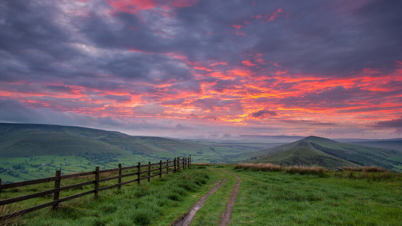 Green Hills at Sunset — Red, Dramatic
