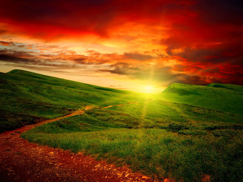 Green Hills at Sunset — Red