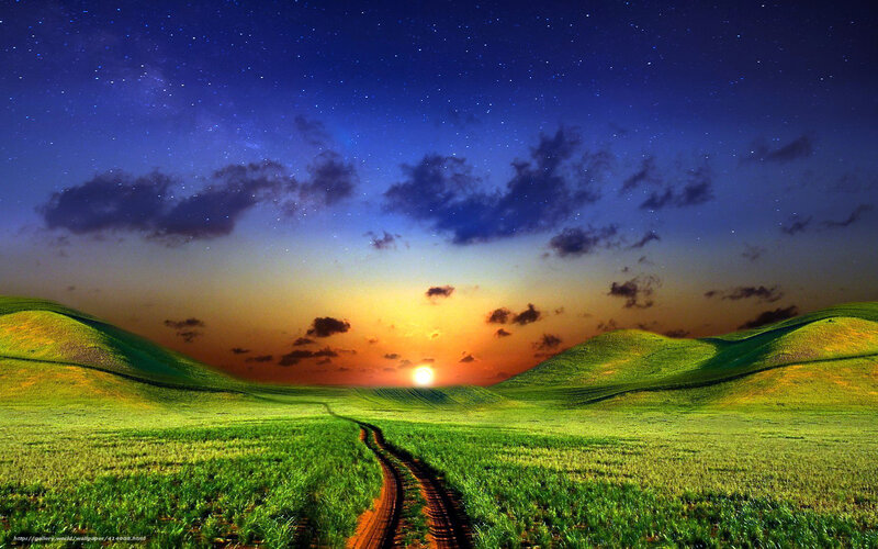 Green Hills at Sunset — Serene, Digital Art, Sun, Clouds