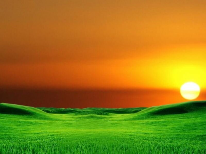Green Hills at Sunset — Serene, Digital Art, Sun, Sky, Orange