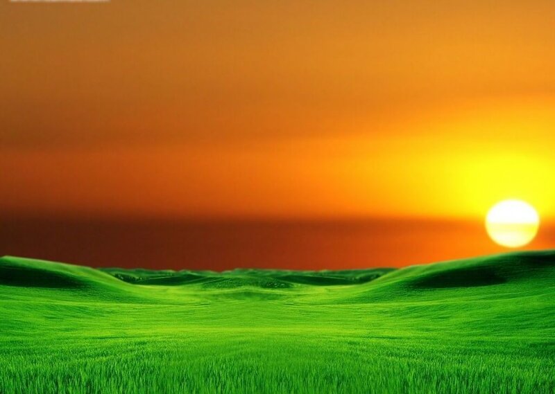 Green Hills at Sunset — Serene, Digital Art, Sun, Sky, Orange, Yellow