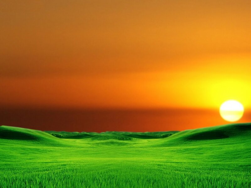 Green Hills at Sunset — Serene, Digital Art, Sun