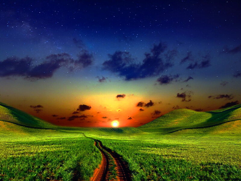 Green Hills at Sunset — Serene, Digital Art