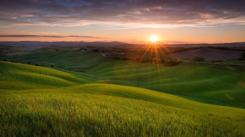 Green Hills at Sunset — Serene, Photograph, Sun