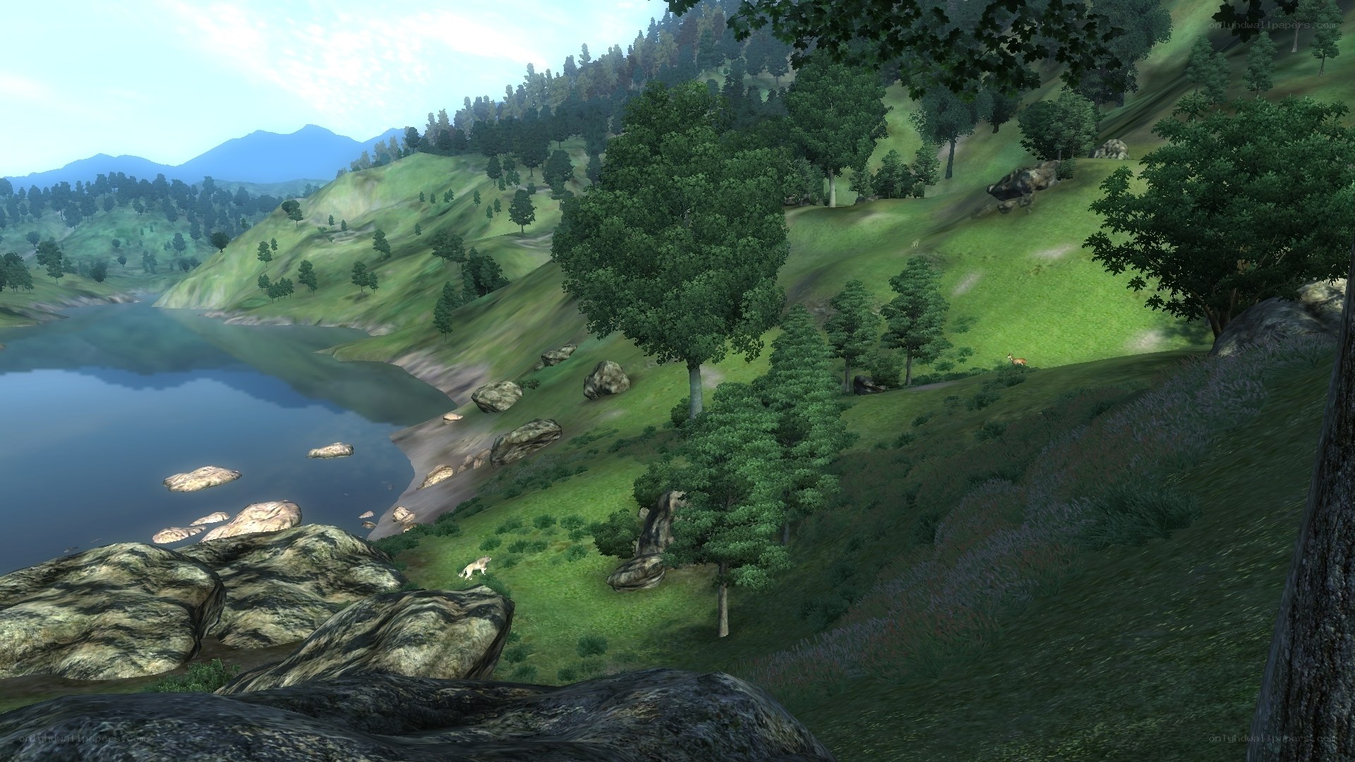 green hills by lake