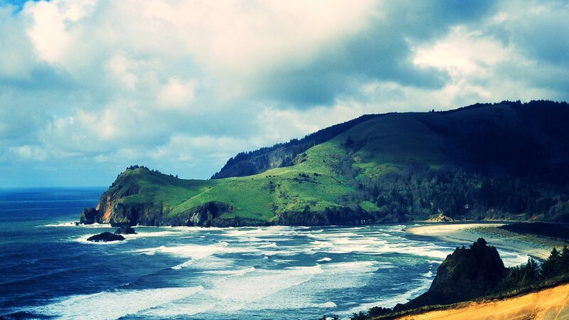 Green Hills by Ocean — Blue, Dramatic, Photograph