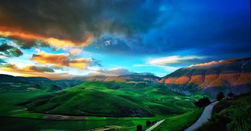 Green Hills Landscape — Dramatic, Sunset, Photograph, Mountains, Road