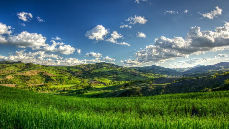 Green Hills Landscape — Serene, Afternoon, Photograph, Clouds