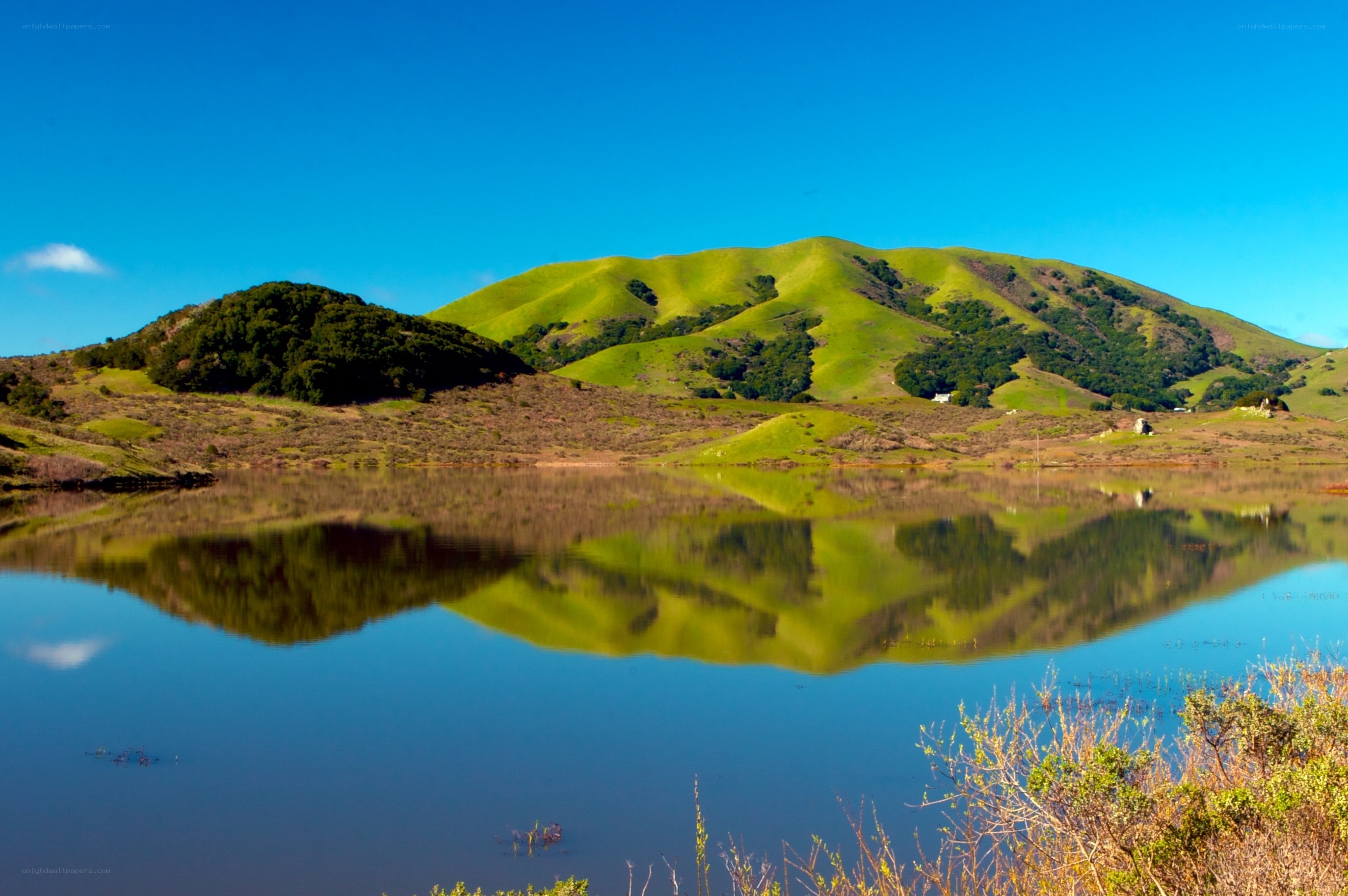 Green hills reflected in calm lake