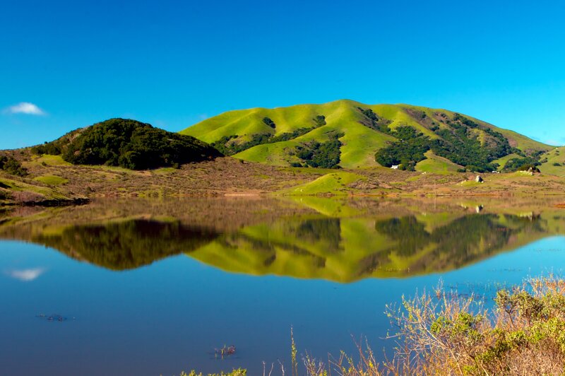 Green Hills Reflected in Lake — Blue, Serene, Afternoon