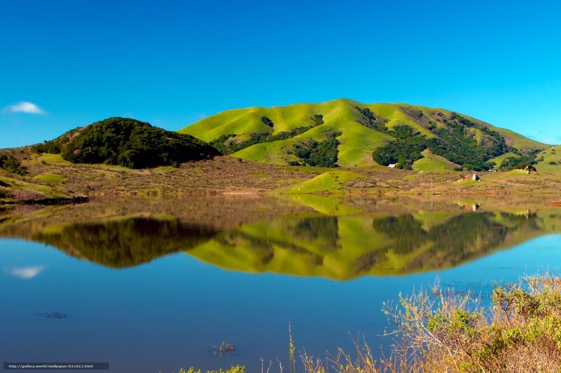 Green Hills Reflected in Lake — Blue, Serene