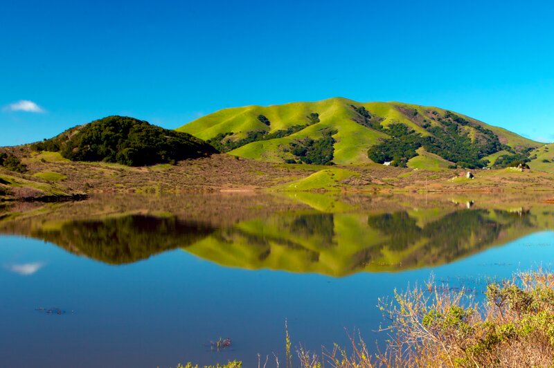 Green Hills Reflected in Lake — Blue