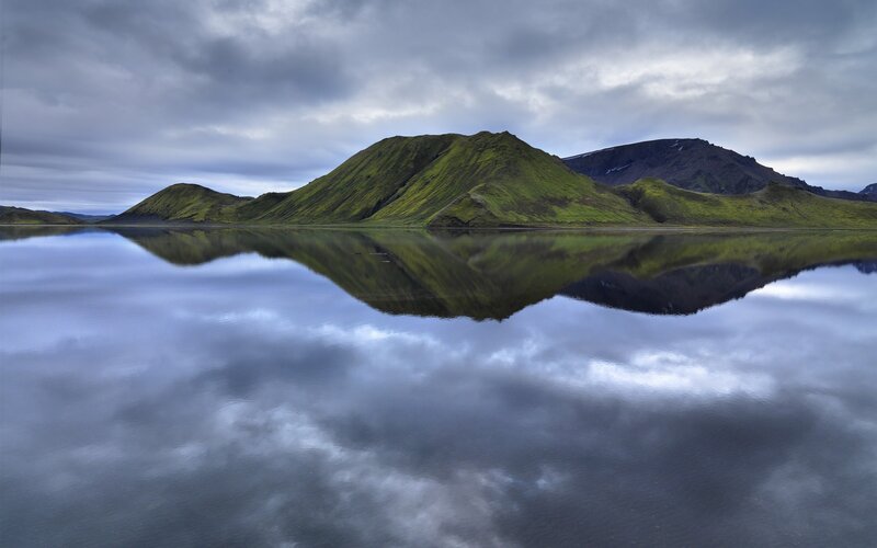 Green Hills Reflected in Lake — Serene, Morning