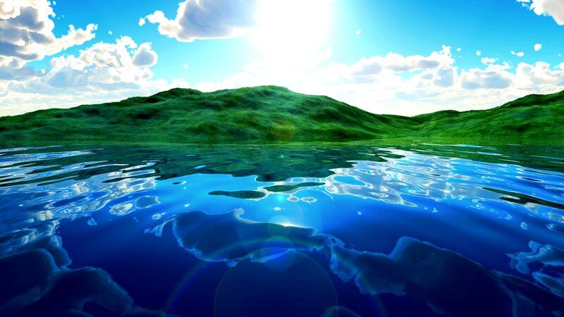 Green Hills Reflected in Water