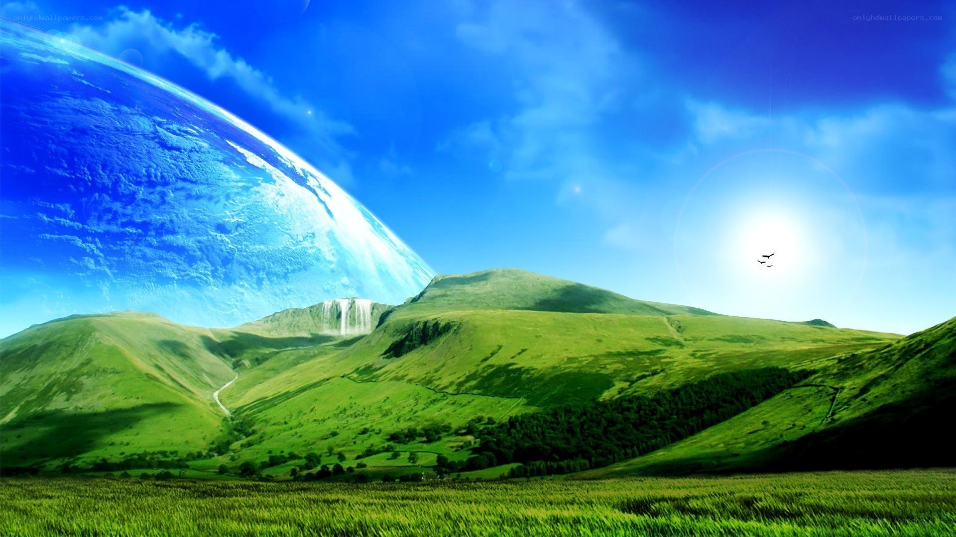 green hills under alien sky