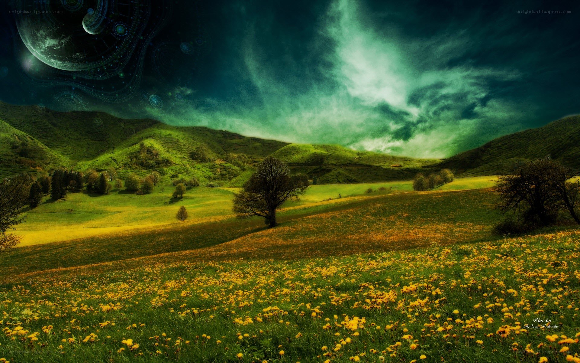 Green hills under alien sky