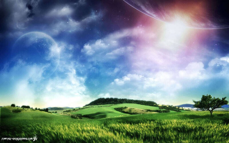 Green Hills under Alien Sky — Serene, Afternoon, Digital Art