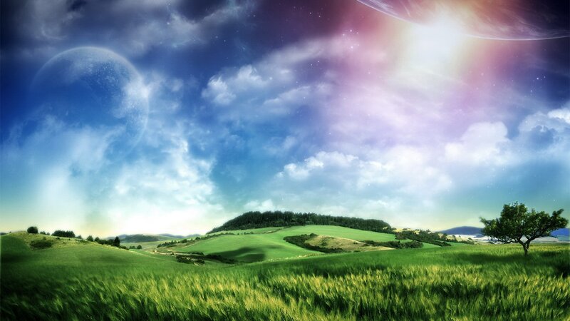 Green Hills under Alien Sky — Serene, Day, Digital Art, Planets, Clouds, Tree