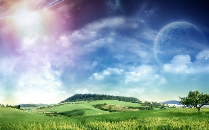 Green Hills under Alien Sky — Serene, Day, Digital Art