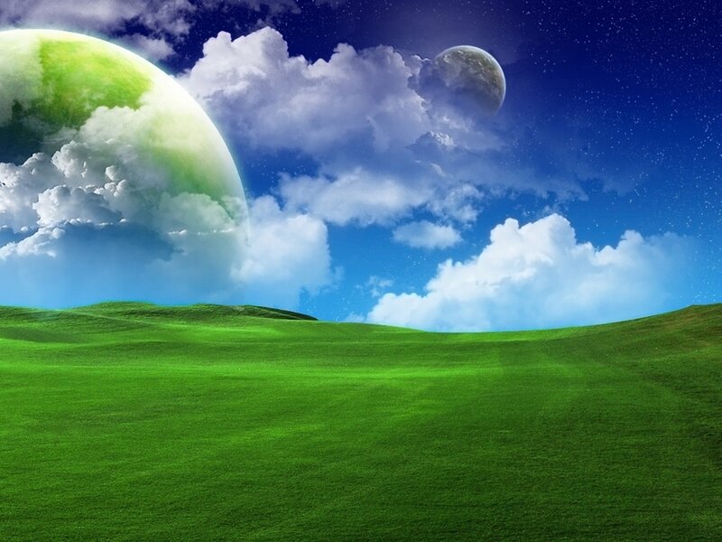 Green Hills under Alien Sky — Serene, Night, Digital Art, Planet, Moon, Clouds, Blue