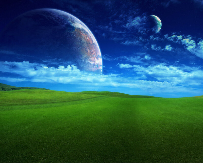 Green Hills under Alien Sky — Serene, Night, Digital Art, Planet