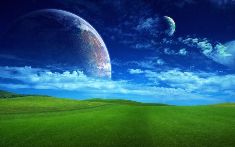 Green Hills under Alien Sky — Serene, Night, Digital Art, Planets, Clouds, Grass