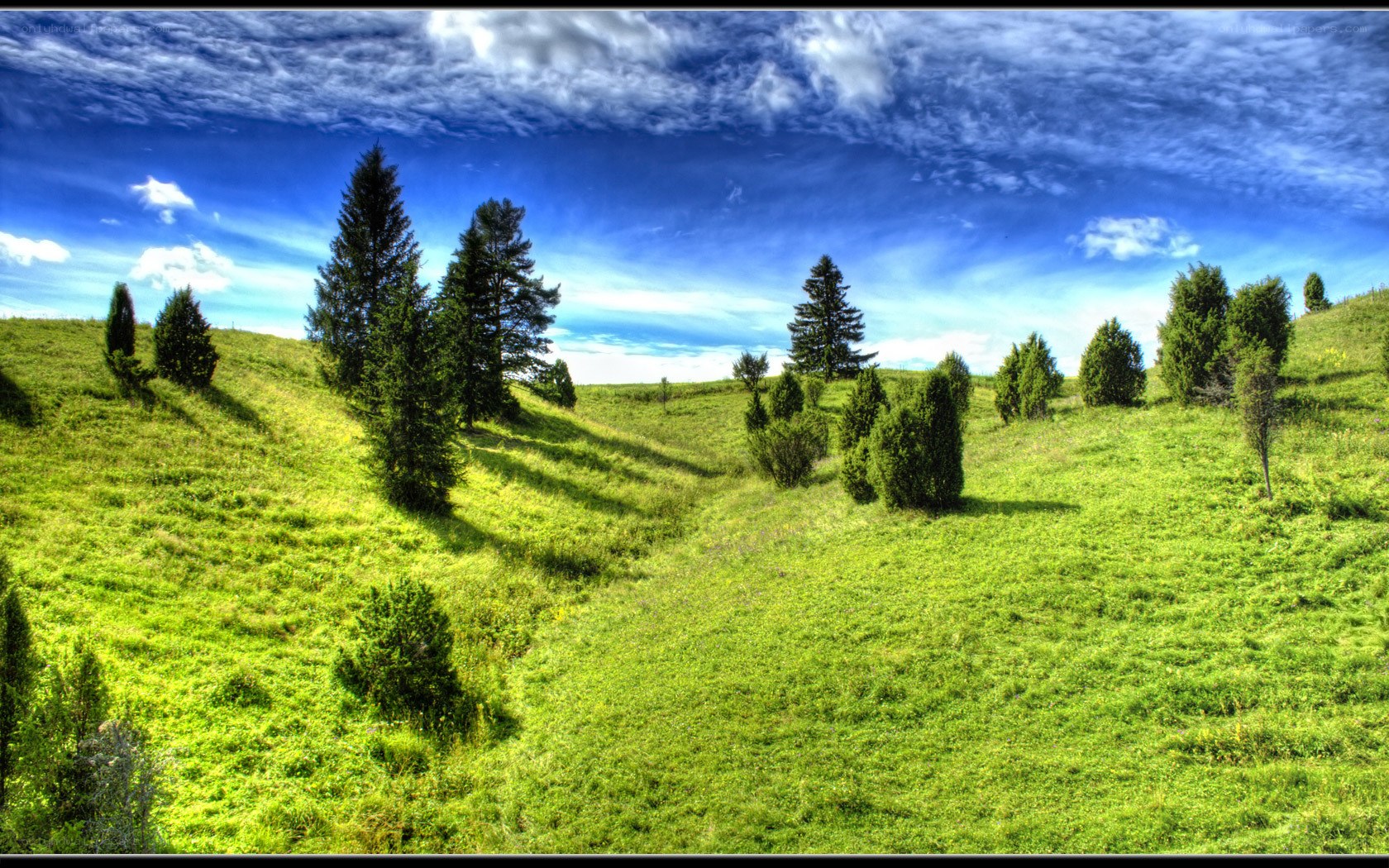 Green hills under blue sky