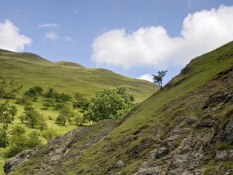 Green hills under blue sky