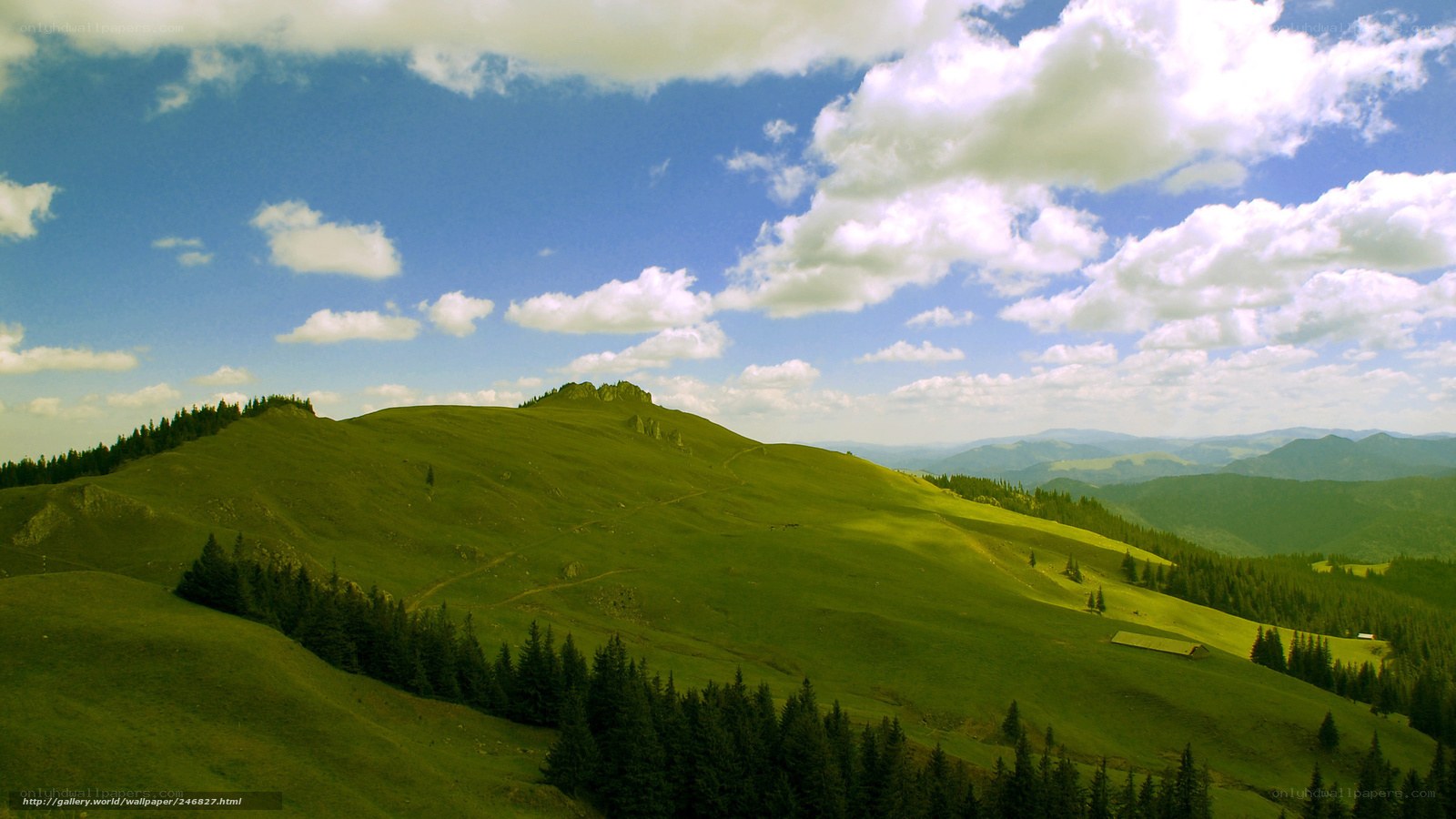 Green hills under blue sky