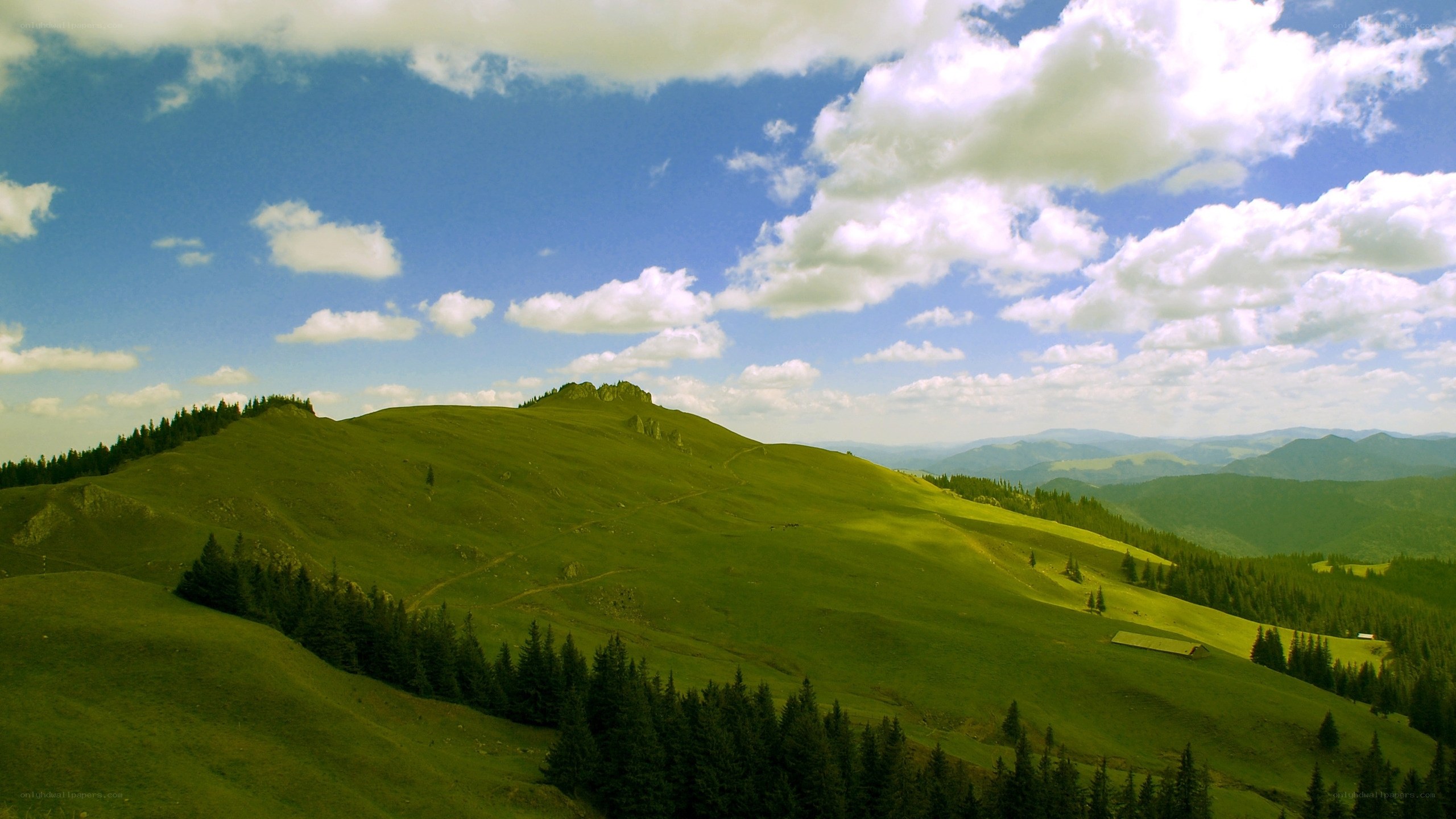 Green hills under blue sky