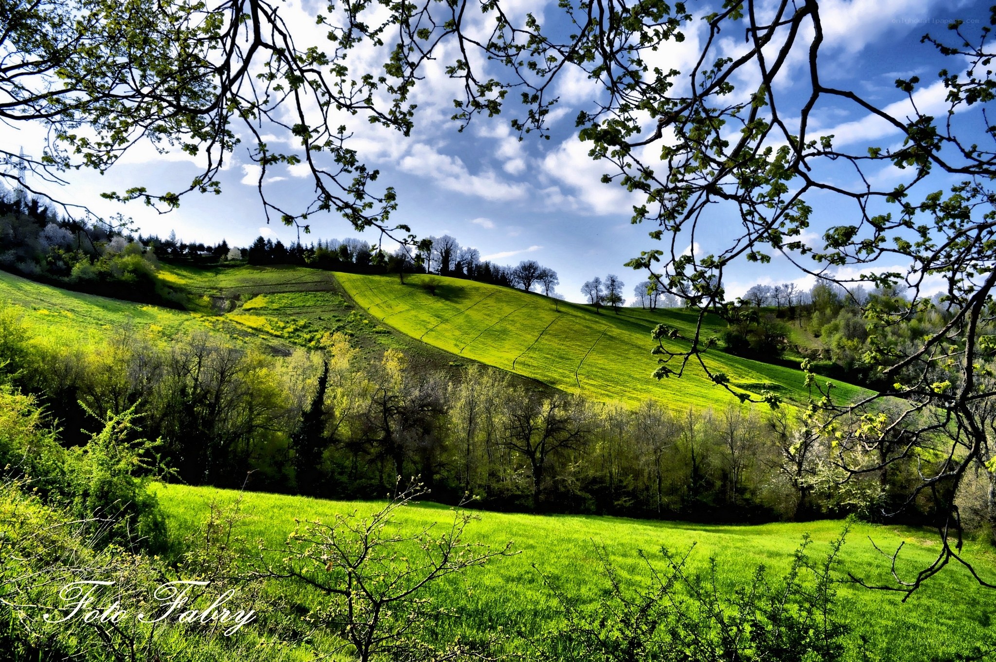 Green hills under blue sky