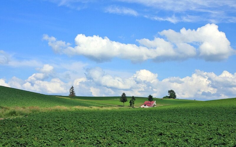 Green hills under blue sky