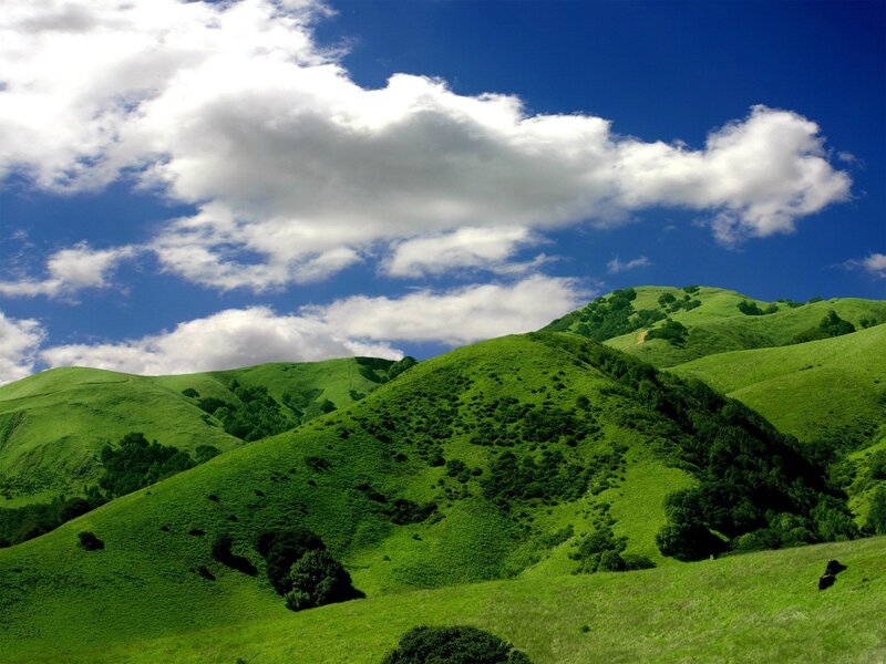 Green hills under blue sky