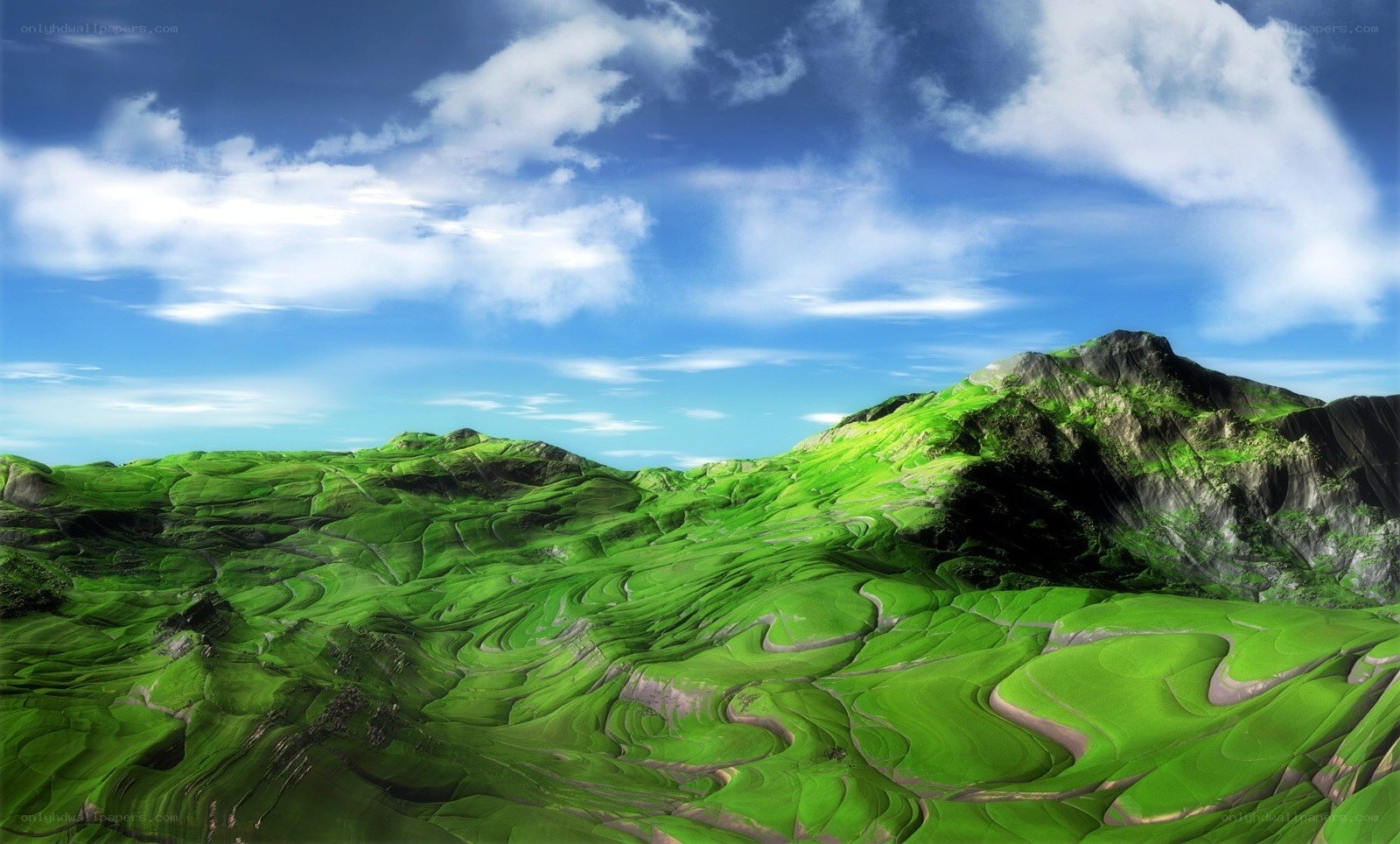 Green Hills Under Blue Sky