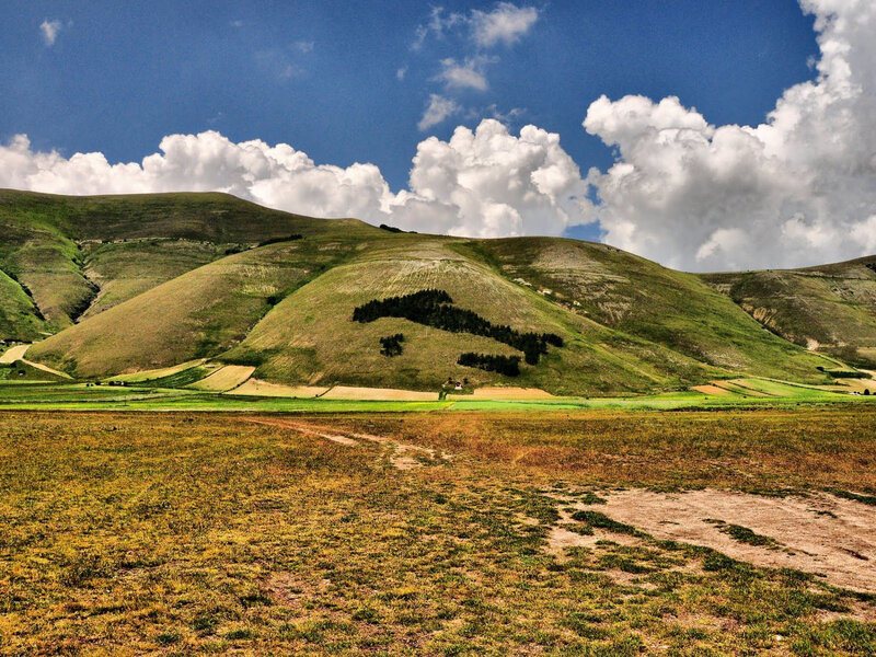 Green Hills under Blue Sky — Serene, Afternoon, Photograph, Clouds, Fields