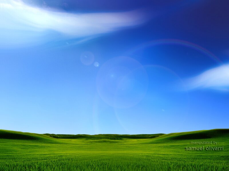 Green Hills under Blue Sky — Serene, Afternoon, Photograph, Clouds, Lens Flare