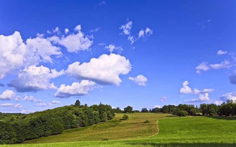 Green Hills under Blue Sky — Serene, Afternoon, Photograph, Clouds, Trees, Field, White