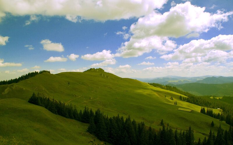 Green Hills under Blue Sky — Serene, Afternoon, Photograph, Clouds, Trees, Mountains