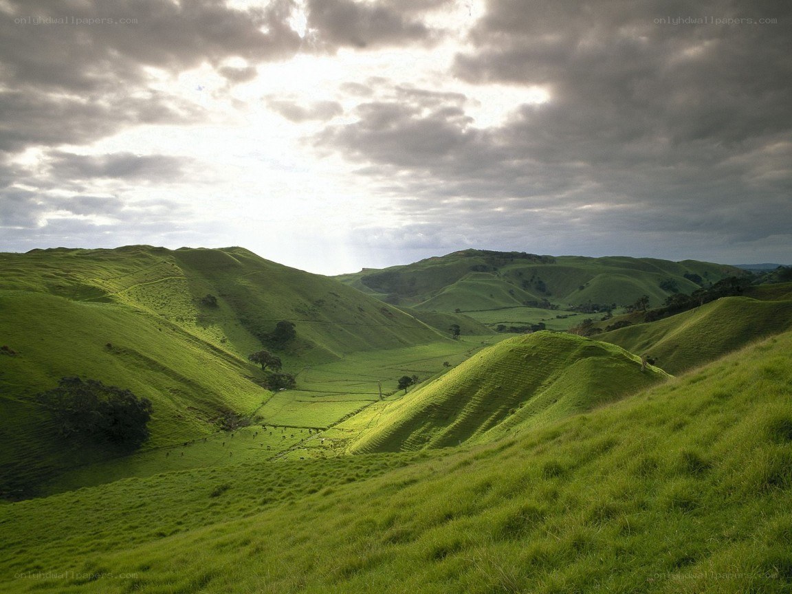 Green hills under cloudy sky