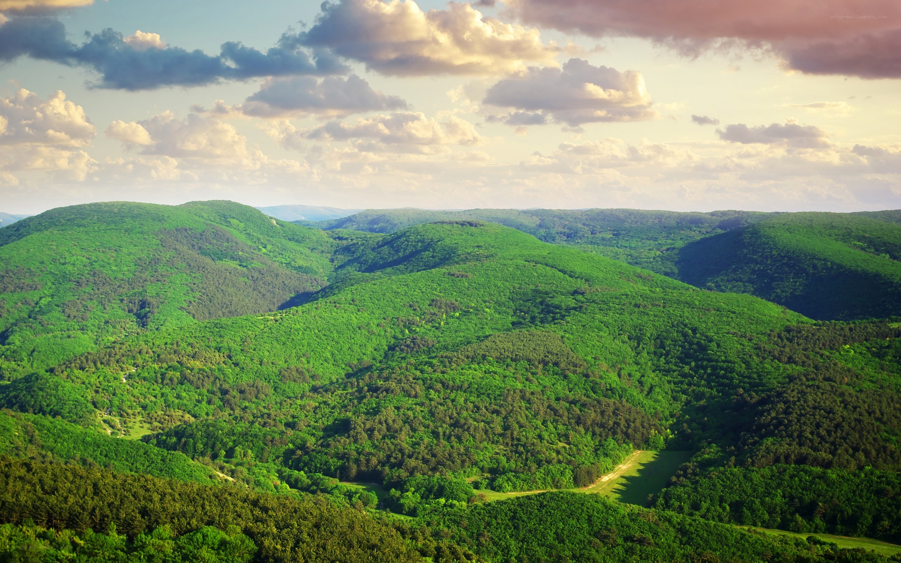 Green hills under cloudy sky