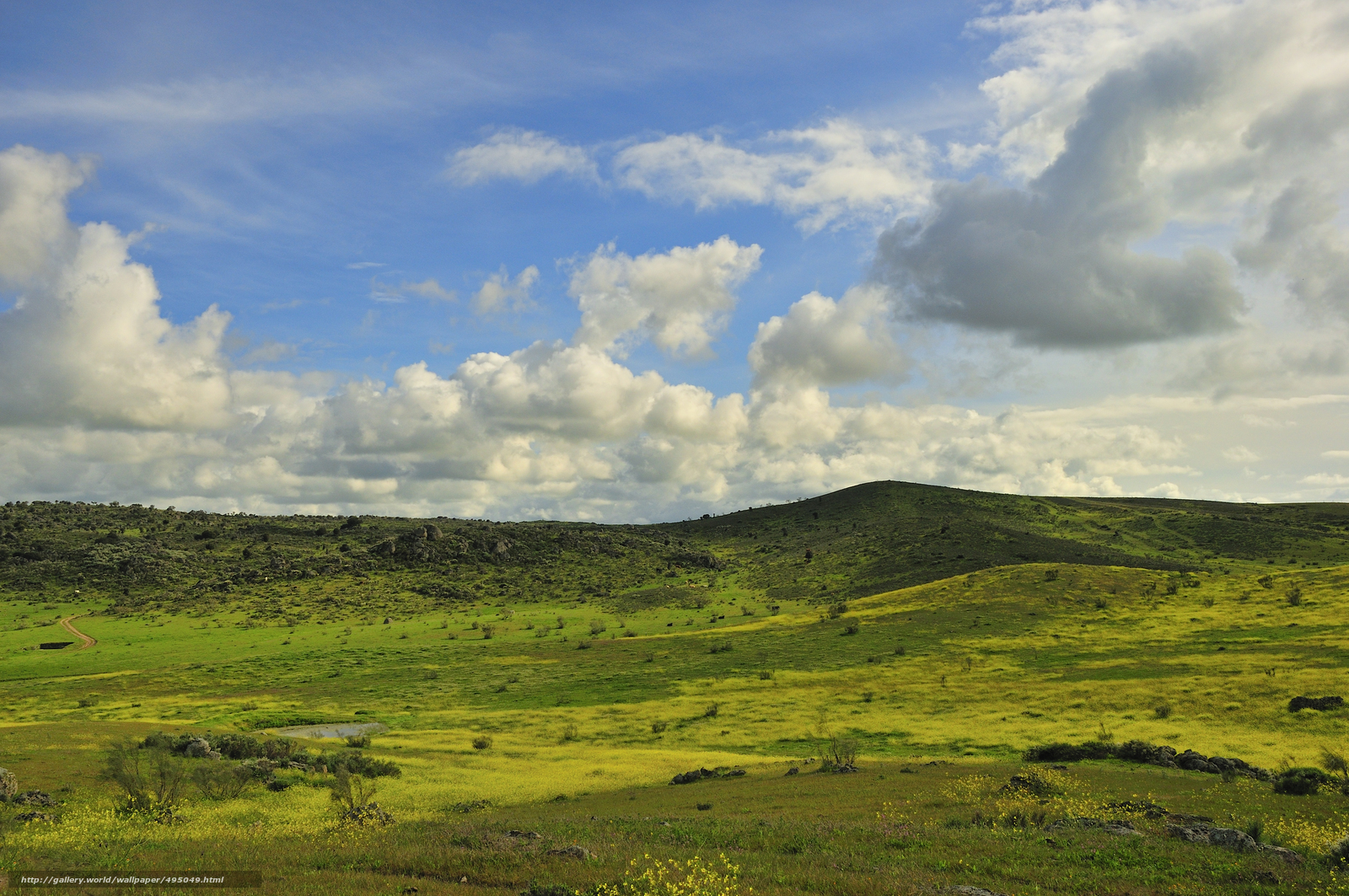 Green hills under cloudy sky