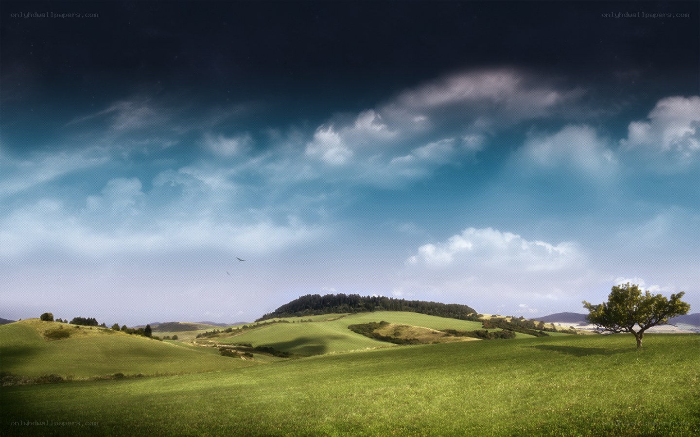 Green hills under cloudy sky