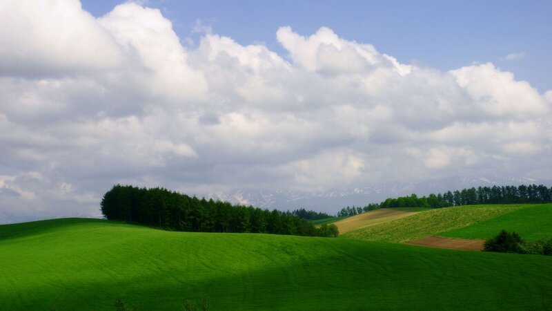 Green hills under cloudy sky
