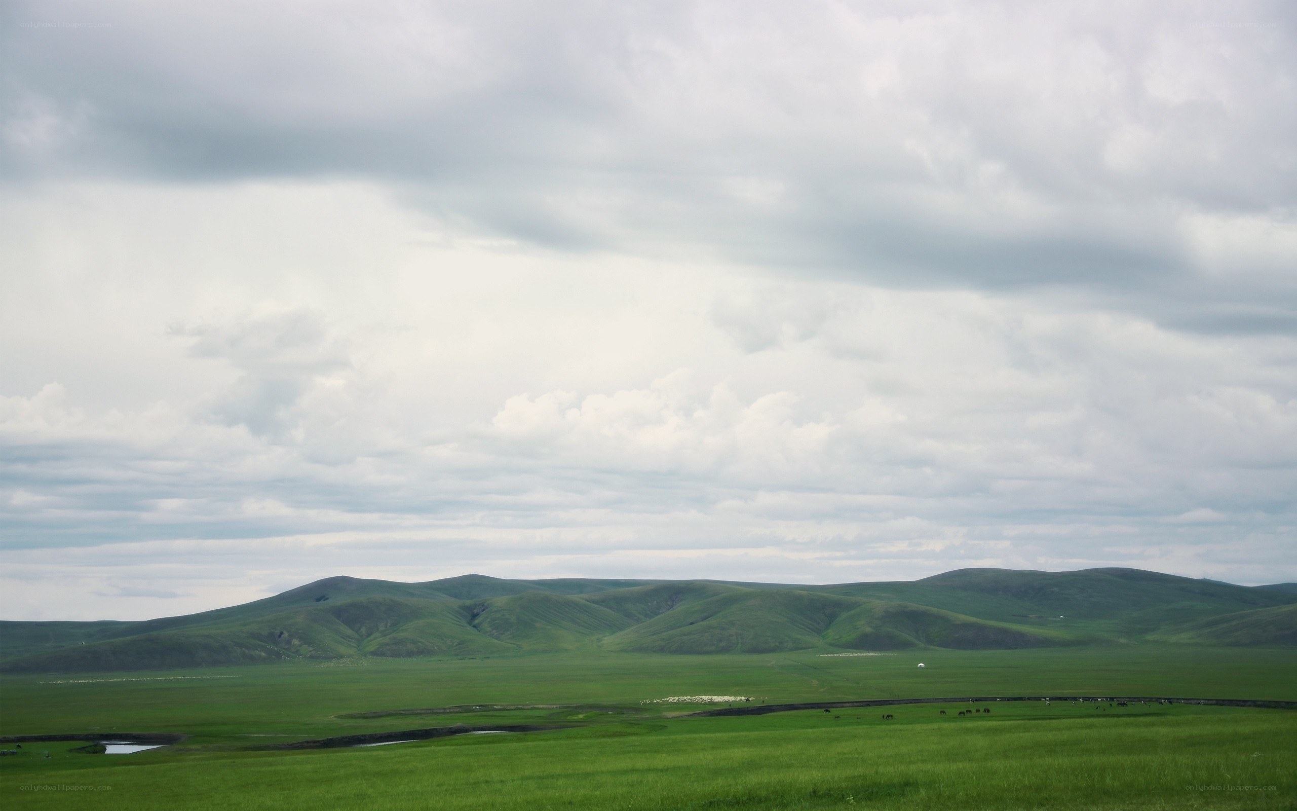 Green hills under cloudy sky