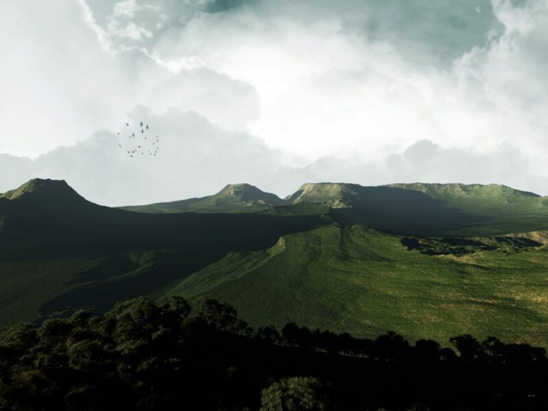 Green Hills under Cloudy Sky — Dramatic, Afternoon, Digital Art, Birds