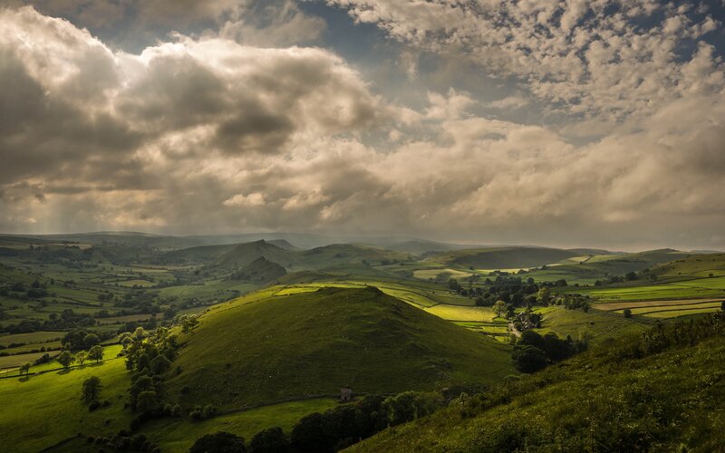 Green Hills under Cloudy Sky — Dramatic, Afternoon, Photograph, Clouds, Fields